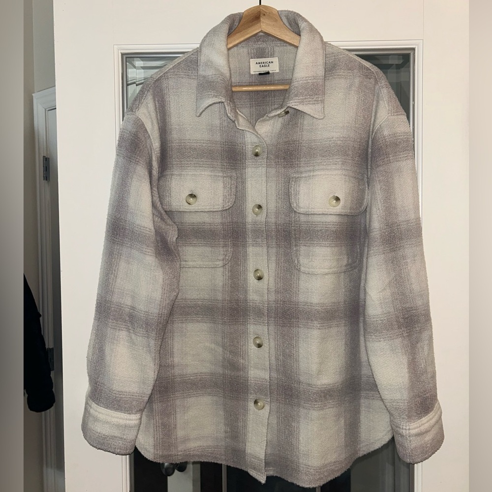 American Eagle Outfitters Women's Plaid Fleece Button Up- Gray, Purple & Cream